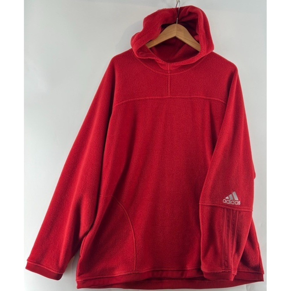 Vintage Adidas Fleece Hoodie Pullover Men L Red 3-Stripes 2002 Y2K Streetwear